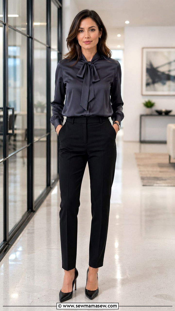 Charcoal blouse with tailored trousers and pumps - 40 All charcoal outfit ideas