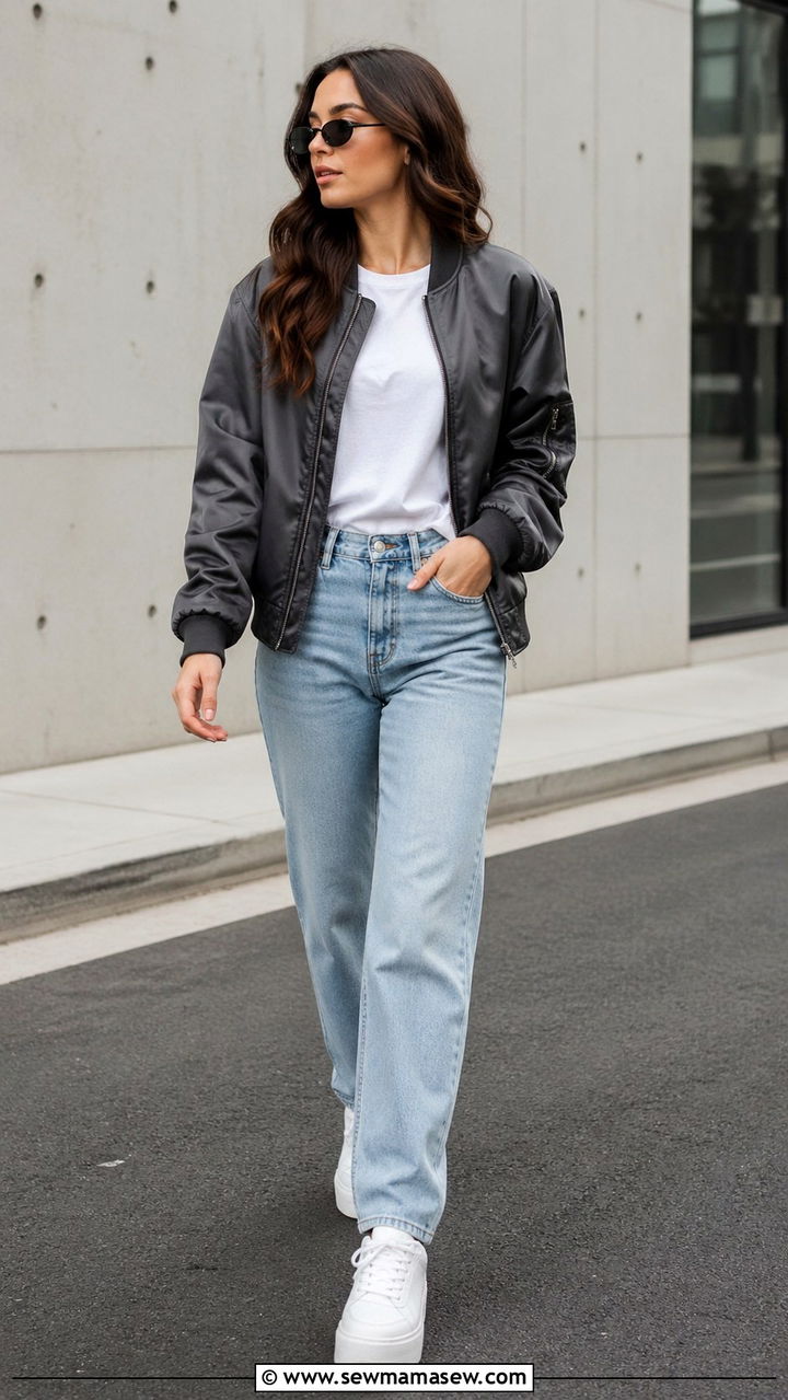 Charcoal bomber jacket with white tee and light wash jeans - 40 All charcoal outfit ideas