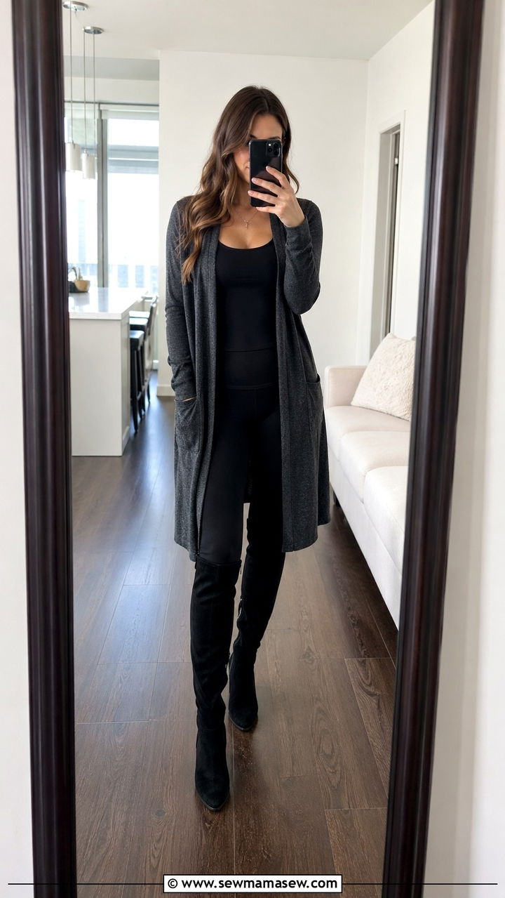 Charcoal cardigan with tank top and black leggings - 40 All charcoal outfit ideas