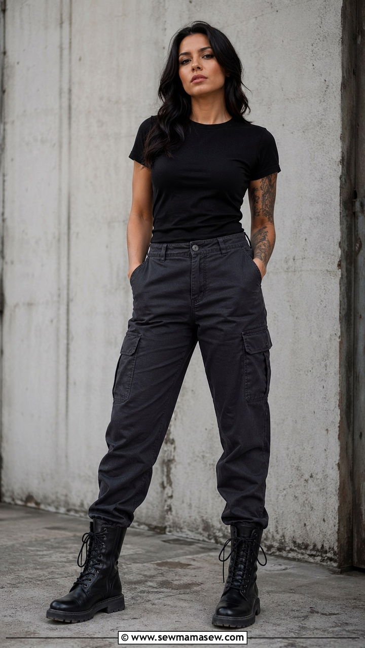 Charcoal cargo pants with fitted tee and combat boots - 40 All charcoal outfit ideas