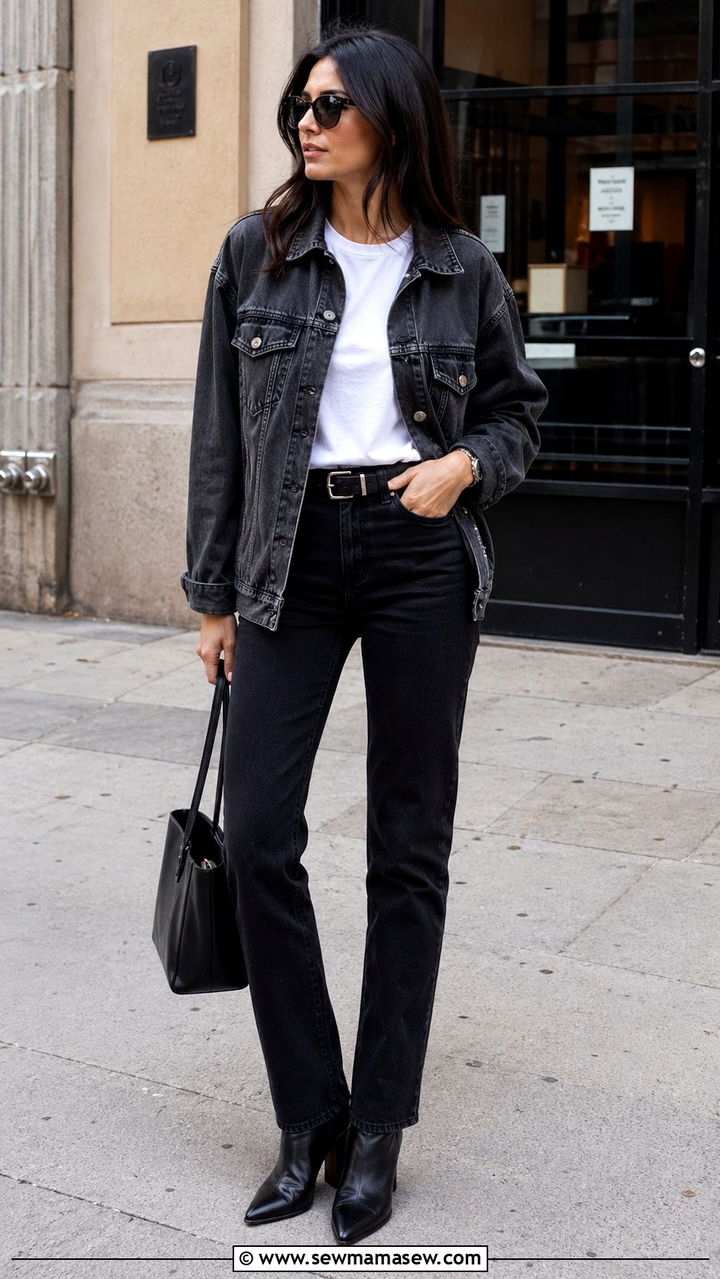 Charcoal denim jacket with white tee and black jeans - 40 All charcoal outfit ideas
