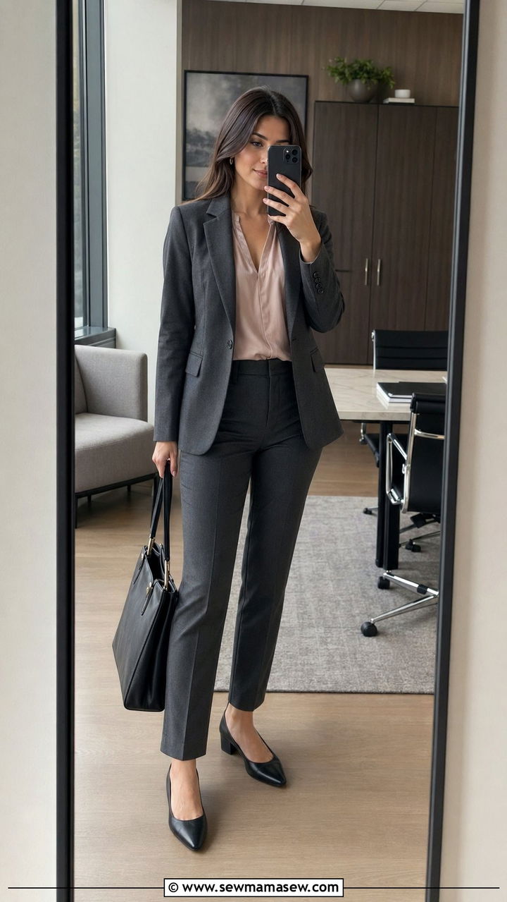 Charcoal grey suit with silk blouse - 30 Accountant outfit ideas