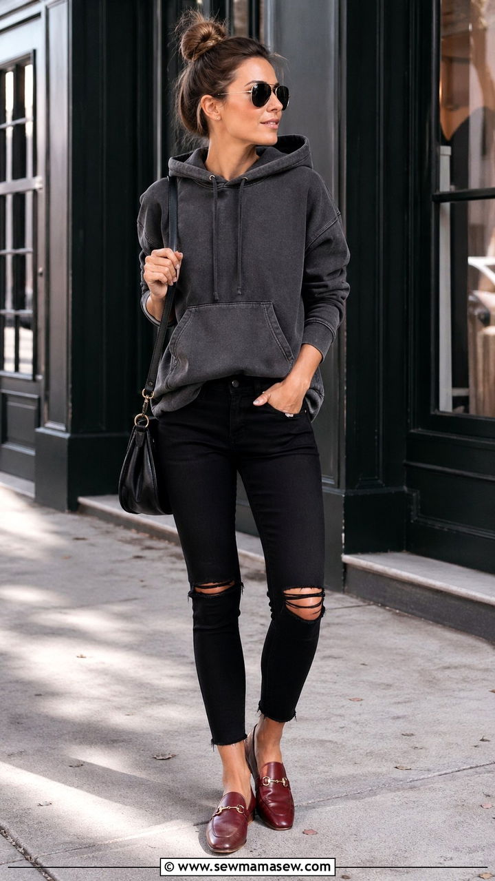 Charcoal hoodie with black ripped skinny jeans and red loafers - 40 All charcoal outfit ideas