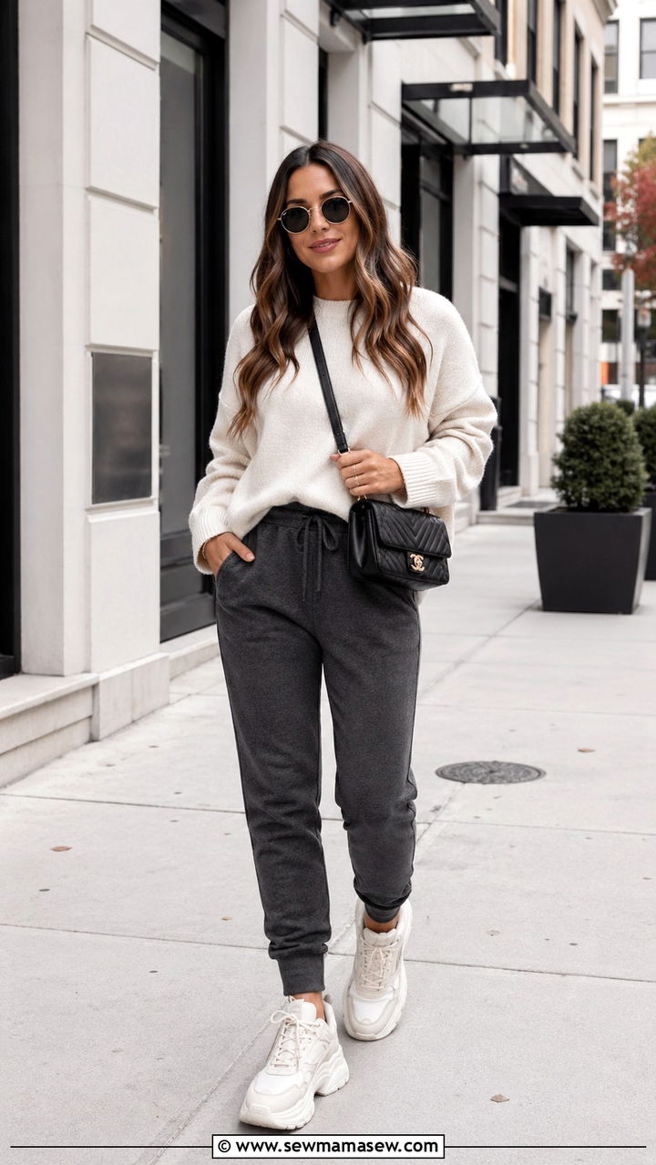 Charcoal joggers with oversized cream sweater and sneakers - 40 All charcoal outfit ideas