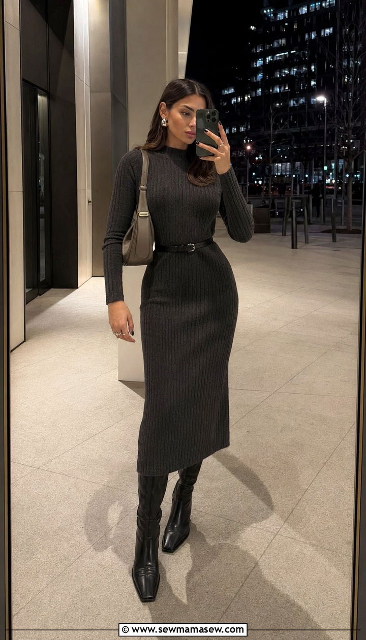 Charcoal knit dress knee boot outfit - 35 Quiet luxury outfits 2026