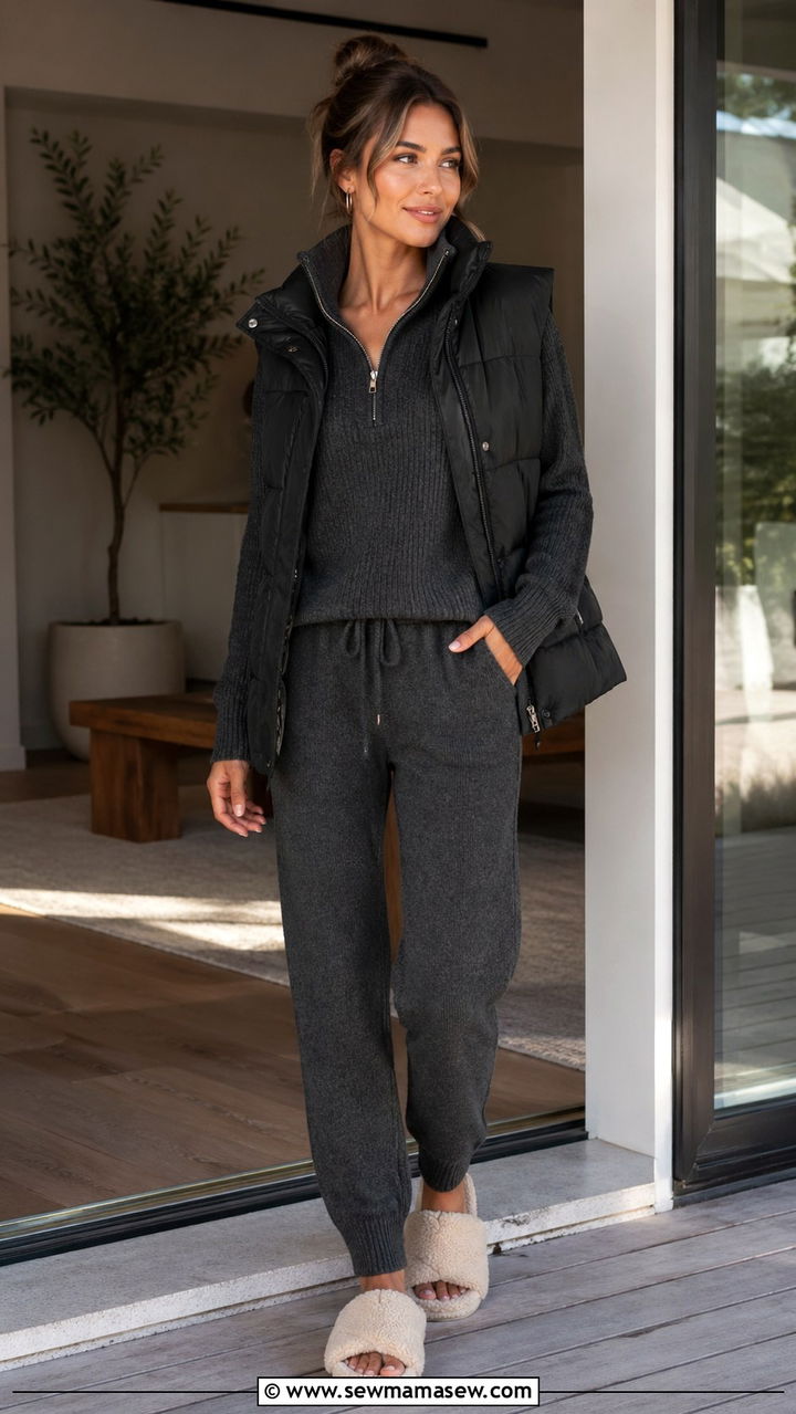 Charcoal knit lounge set with puffer vest and shearling slides - 40 All charcoal outfit ideas