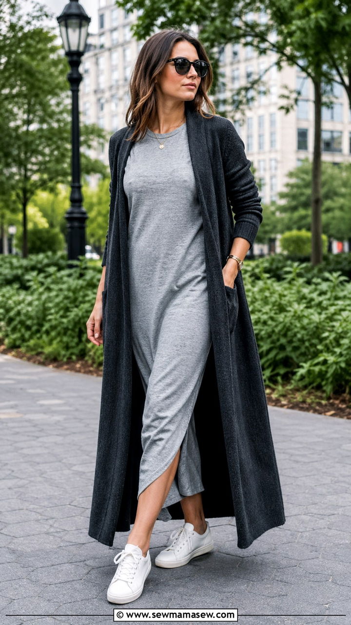 Charcoal long cardigan with t shirt dress and sneakers - 40 All charcoal outfit ideas