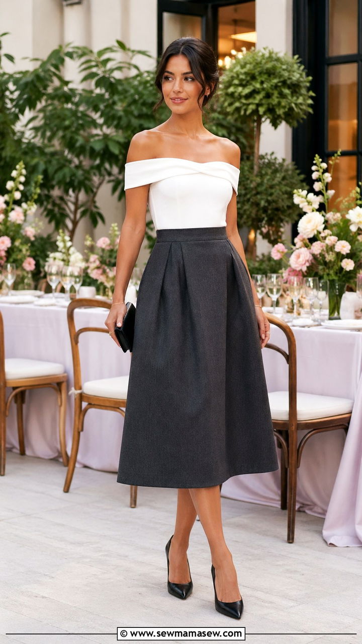 Charcoal midi skirt with off shoulder white top and pumps - 40 All charcoal outfit ideas