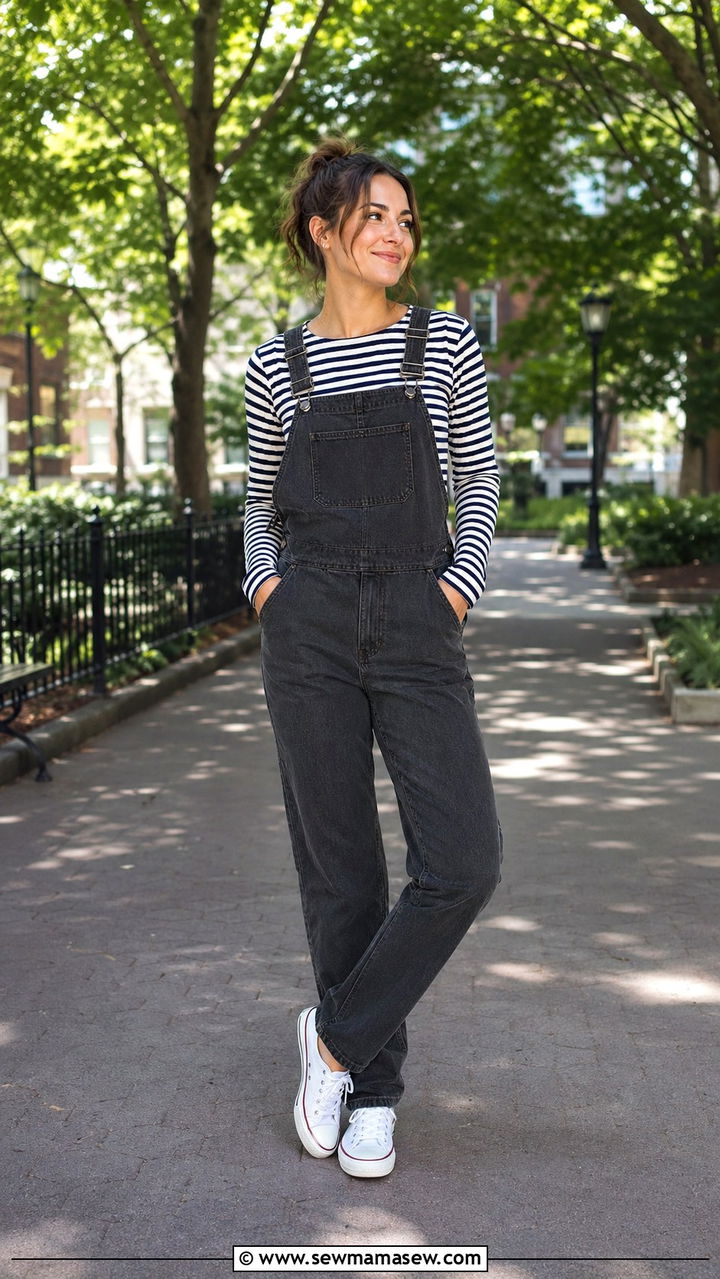 Charcoal overalls with striped tee and sneakers - 40 All charcoal outfit ideas