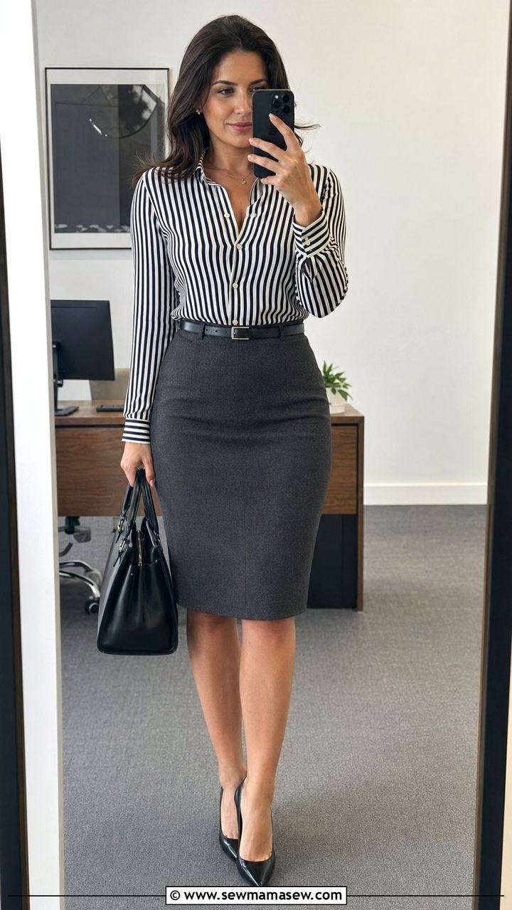 Charcoal pencil skirt with striped blouse - 30 Accountant outfit ideas