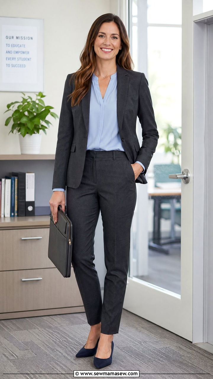 Charcoal suit with light blue blouse interview outfit - 35 Teacher interview outfit ideas