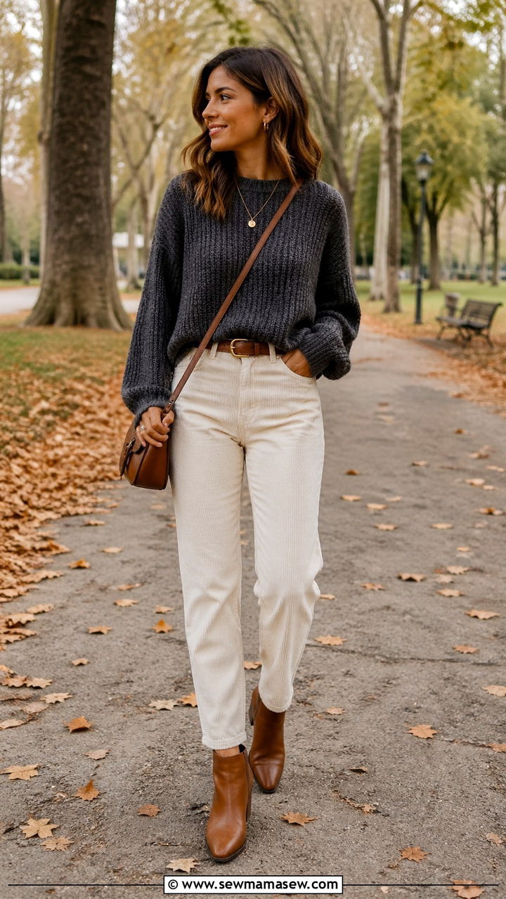 Charcoal sweater with ivory corduroy pants and ankle boots - 40 All charcoal outfit ideas