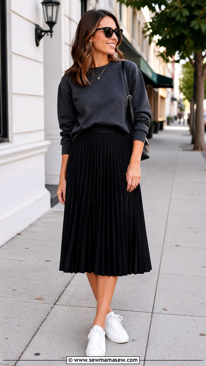 Charcoal sweatshirt with pleated midi skirt and sneakers - 40 All charcoal outfit ideas