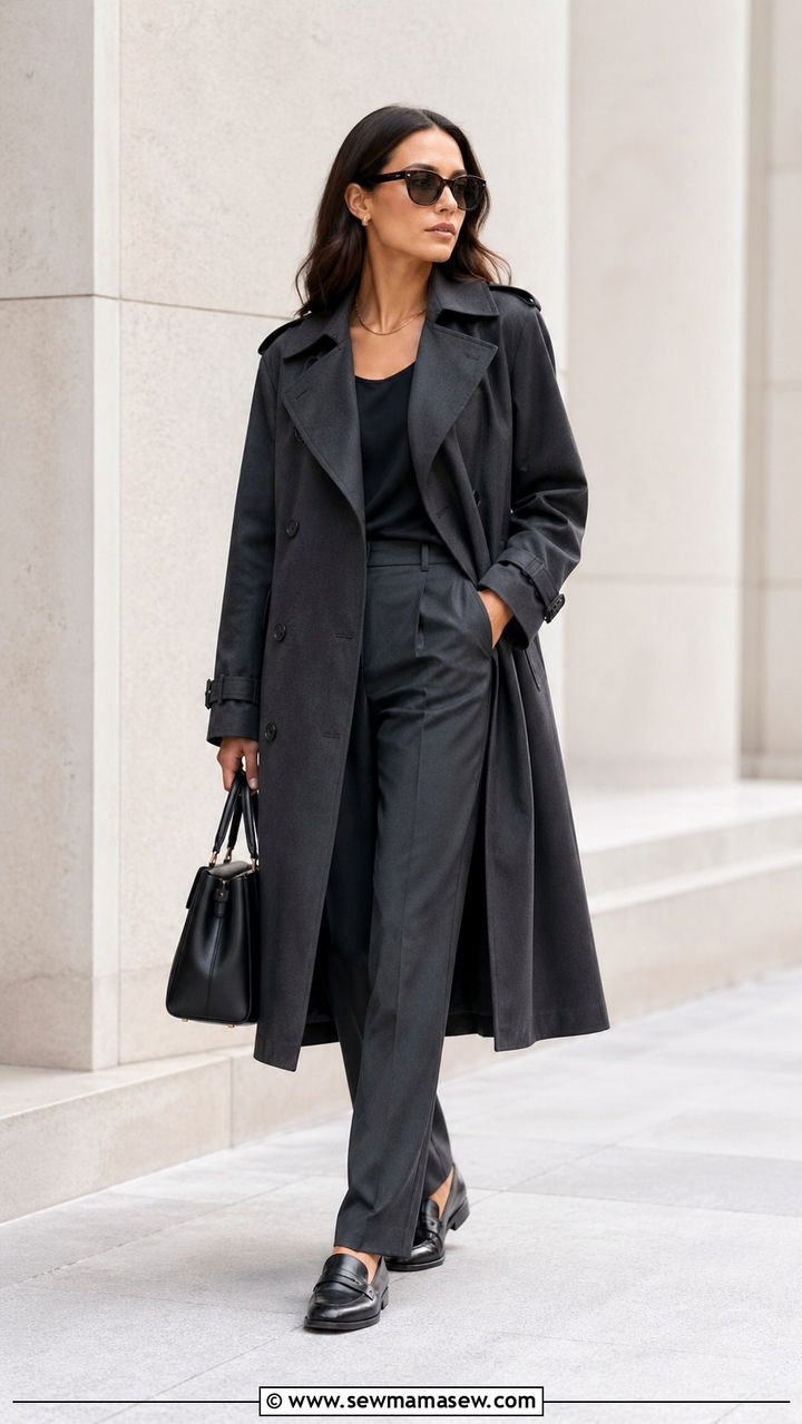 Charcoal trench coat with dress pants and loafers - 40 All charcoal outfit ideas