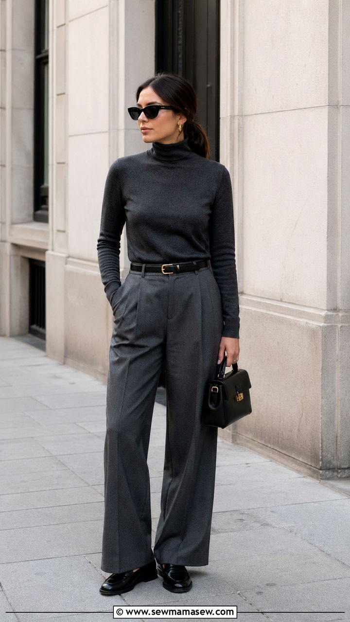 Charcoal turtleneck with wide leg trousers and loafers - 40 All charcoal outfit ideas