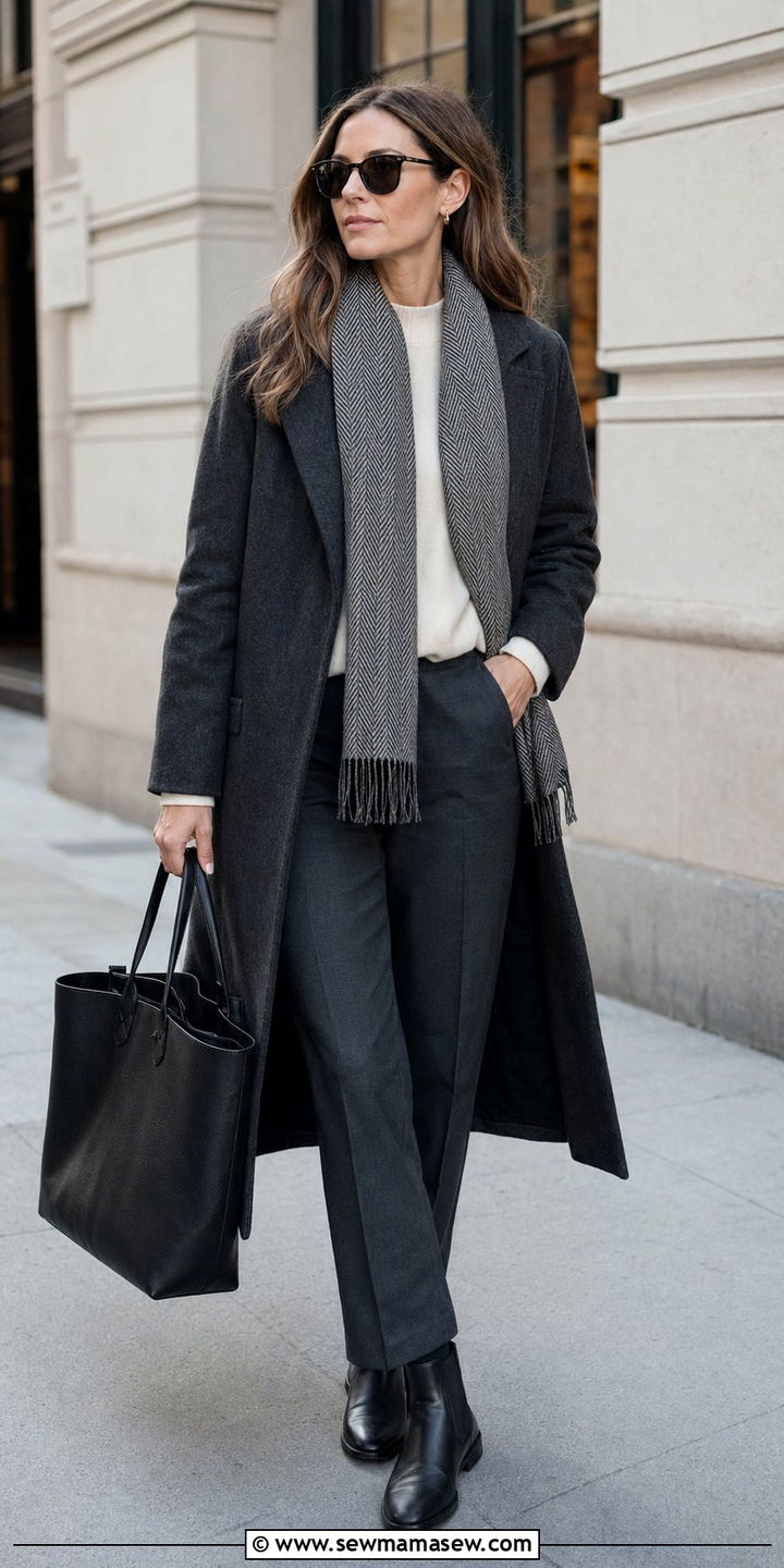 Charcoal wool midi coat and ivory knit - 35 quiet luxury outfits for women