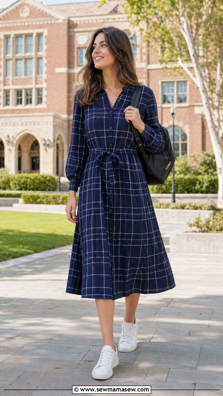 Check Print Midi Dress With White Sneakers - 30 Back to school outfit ideas modest 2026