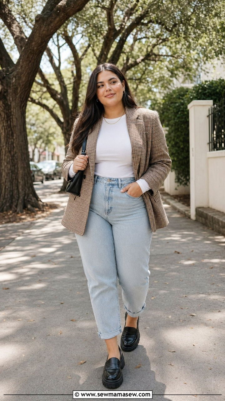Check blazer with mom jeans and loafers - 30 Best blazers for curvy women