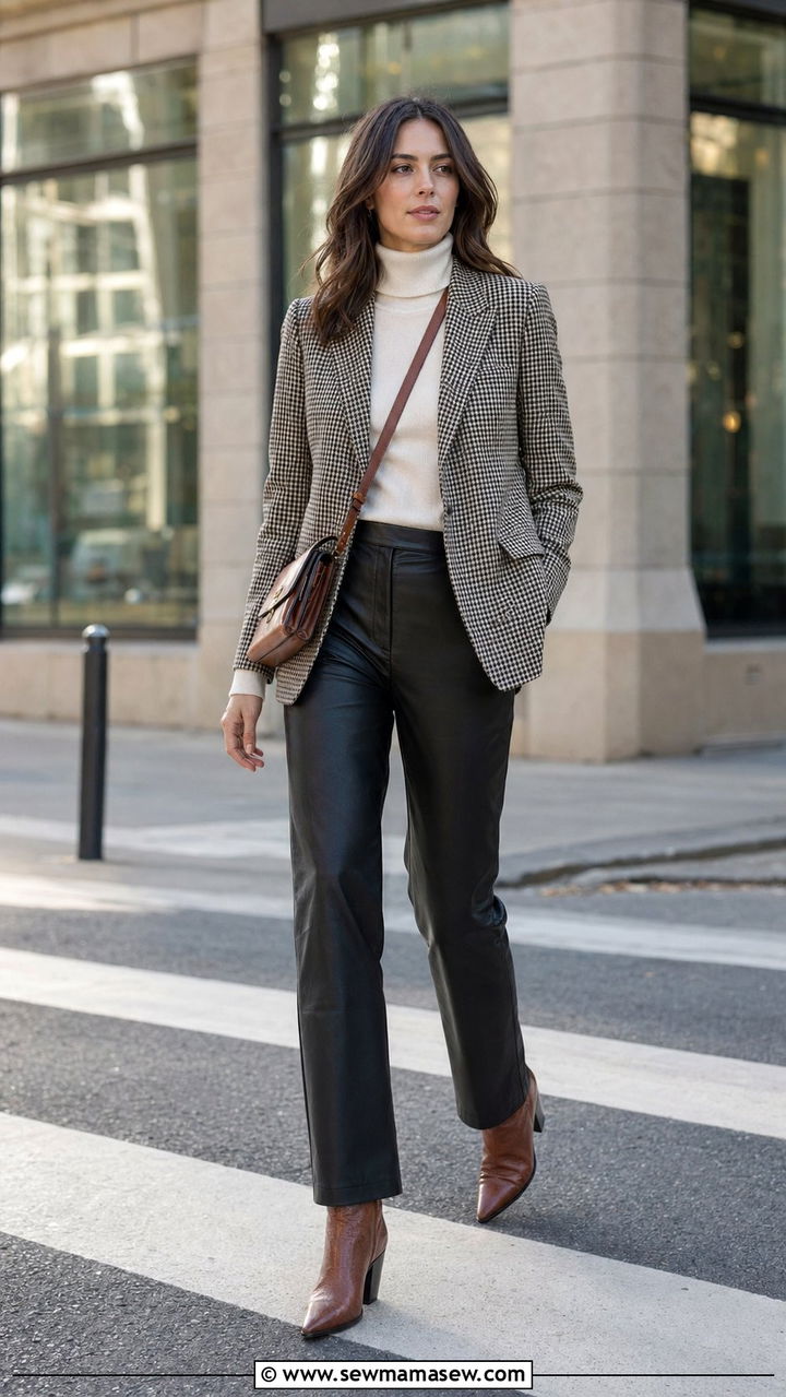 Checked Blazer with Leather Trousers - 35 Office outfit ideas for women