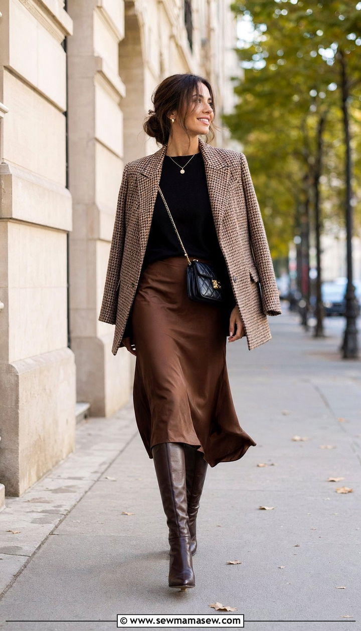 Checkered Blazer with Satin Midi Skirt Outfit - 30 Best blazers for petite women
