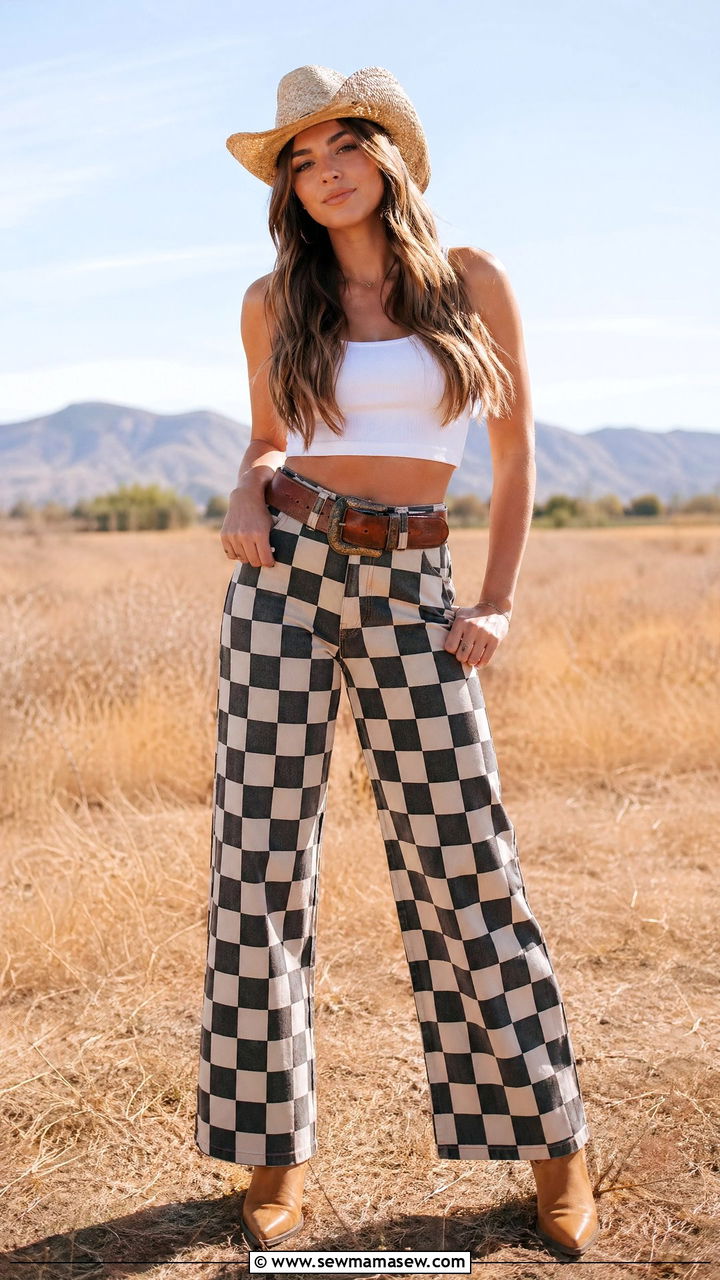 Checkered wide leg pants with white crop top - 35 Stagecoach outfit ideas
