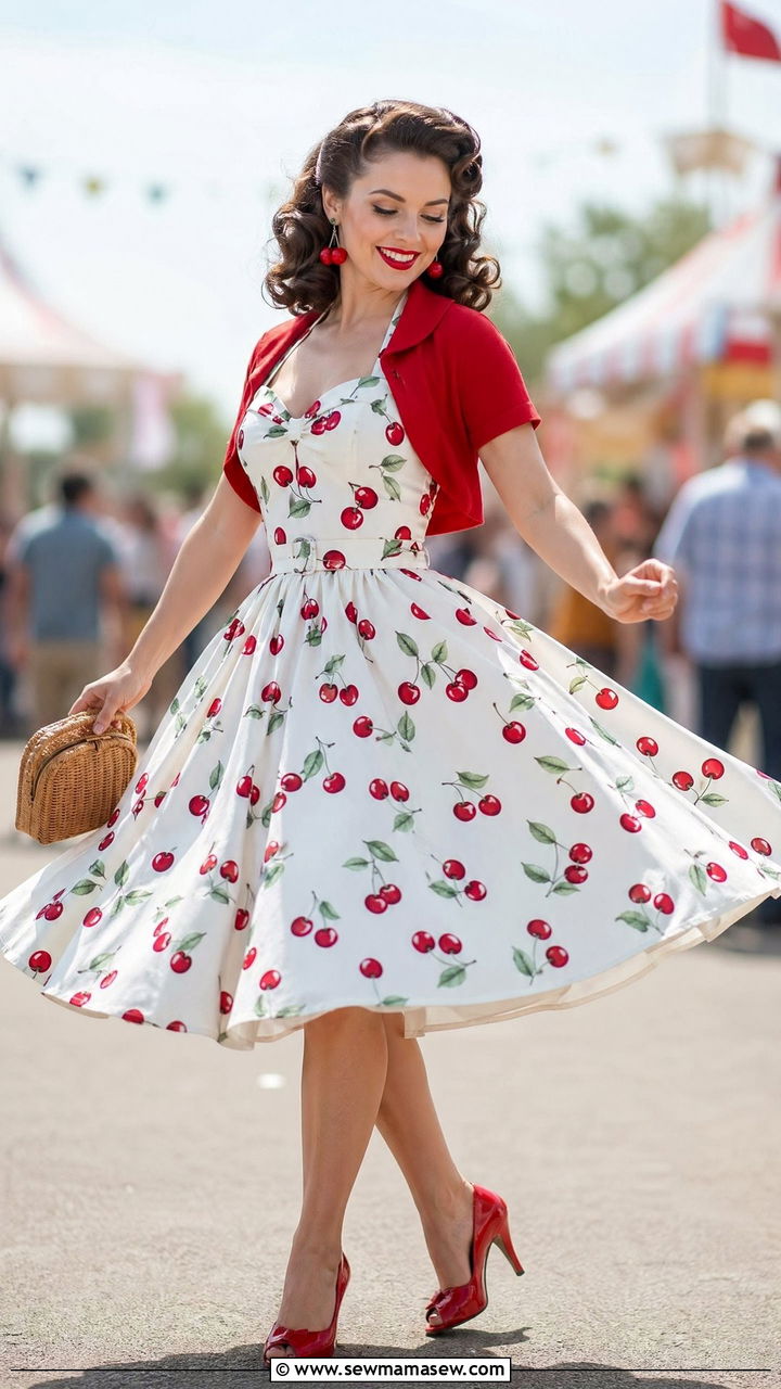 Cherry Print Dress with Bolero Jacket - 35 Vintage 50s outfit ideas