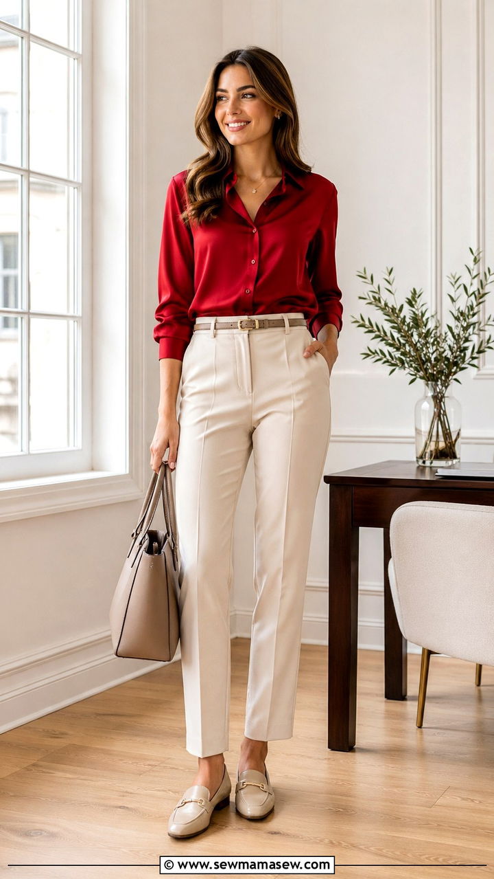 Cherry Red Blouse With Tailored Pants - 40 All cherry red outfit ideas