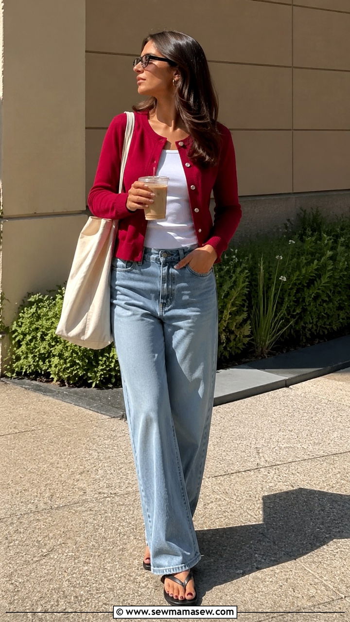 Cherry Red Cardigan With Jeans - 40 All cherry red outfit ideas