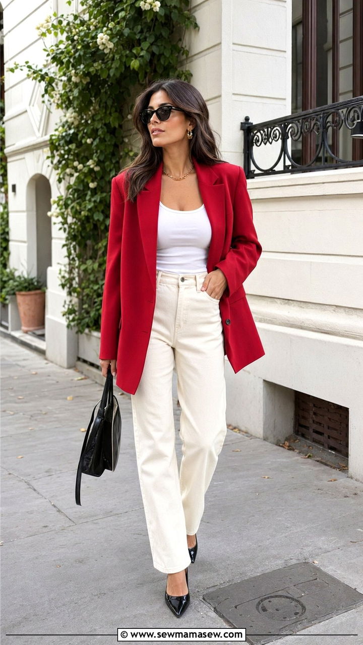 Cherry red oversized blazer and ecru straight leg jeans outfit - 35 Pinterest outfits