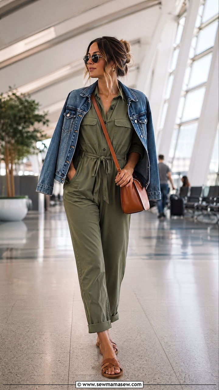Chic Jumpsuit with Flat Sandals - 35 Comfy airport outfit ideas