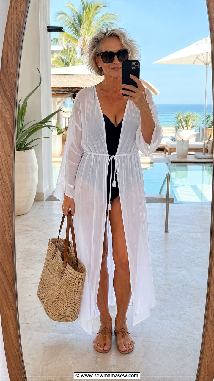 Chic Sheer Swim Cover Up Over A Black One Piece Swimsuit - 35 Vacation outfits for women over 50