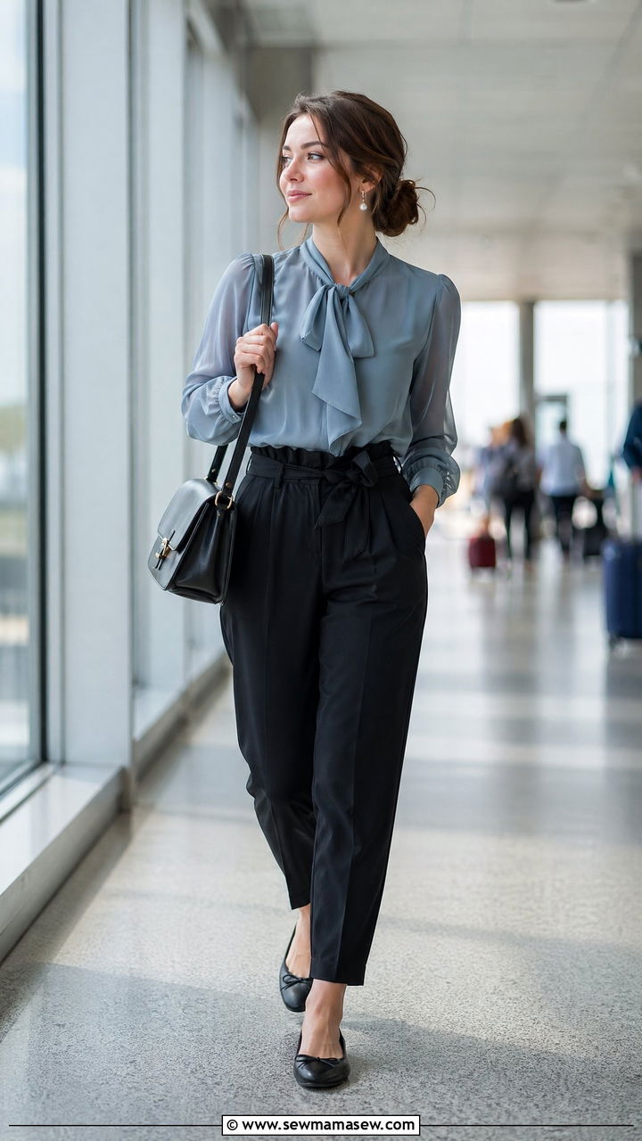 Chiffon Blouse and Paperbag Waist Trousers Airport Outfit - 35 classy airport outfit ideas