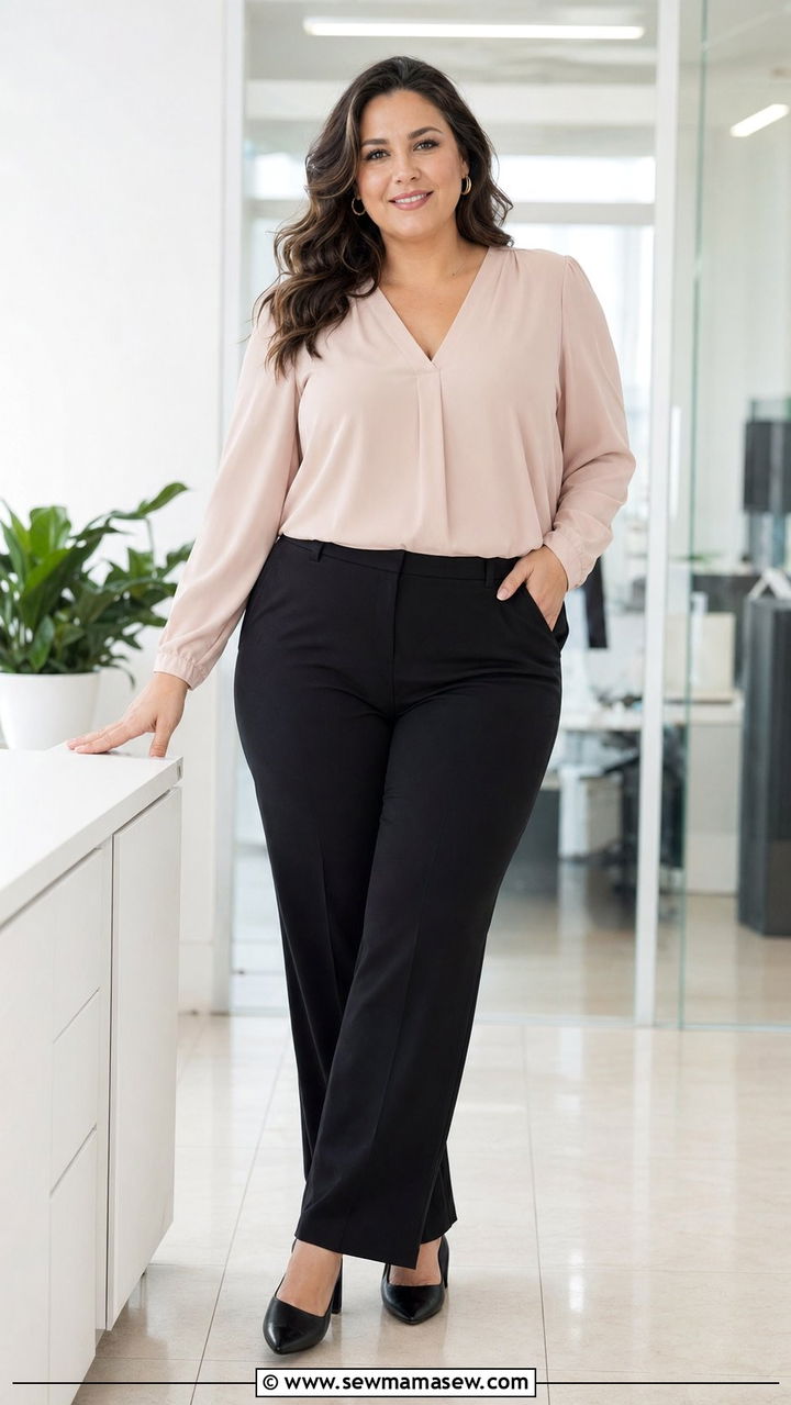Chiffon Blouse with Straight Leg Dress Pants Outfit - 30 Best tops for plus size