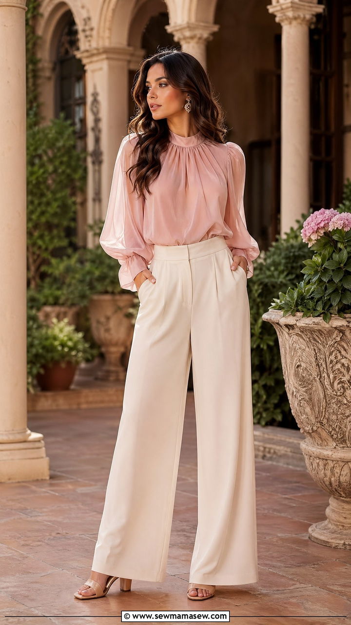 Chiffon Blouse with Wide Leg Pants and Block Heels - 35 classy spring to summer outfits