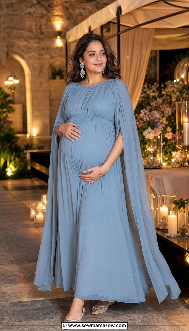 Chiffon Cape Dress with Embellished Flats - 30 Baby shower outfits for mom to be