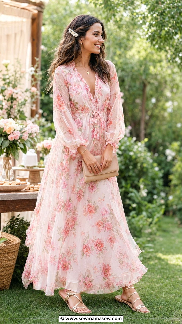 Chiffon Floral Maxi Dress with Flat Strappy Sandals - 30 Baby shower outfits for guests