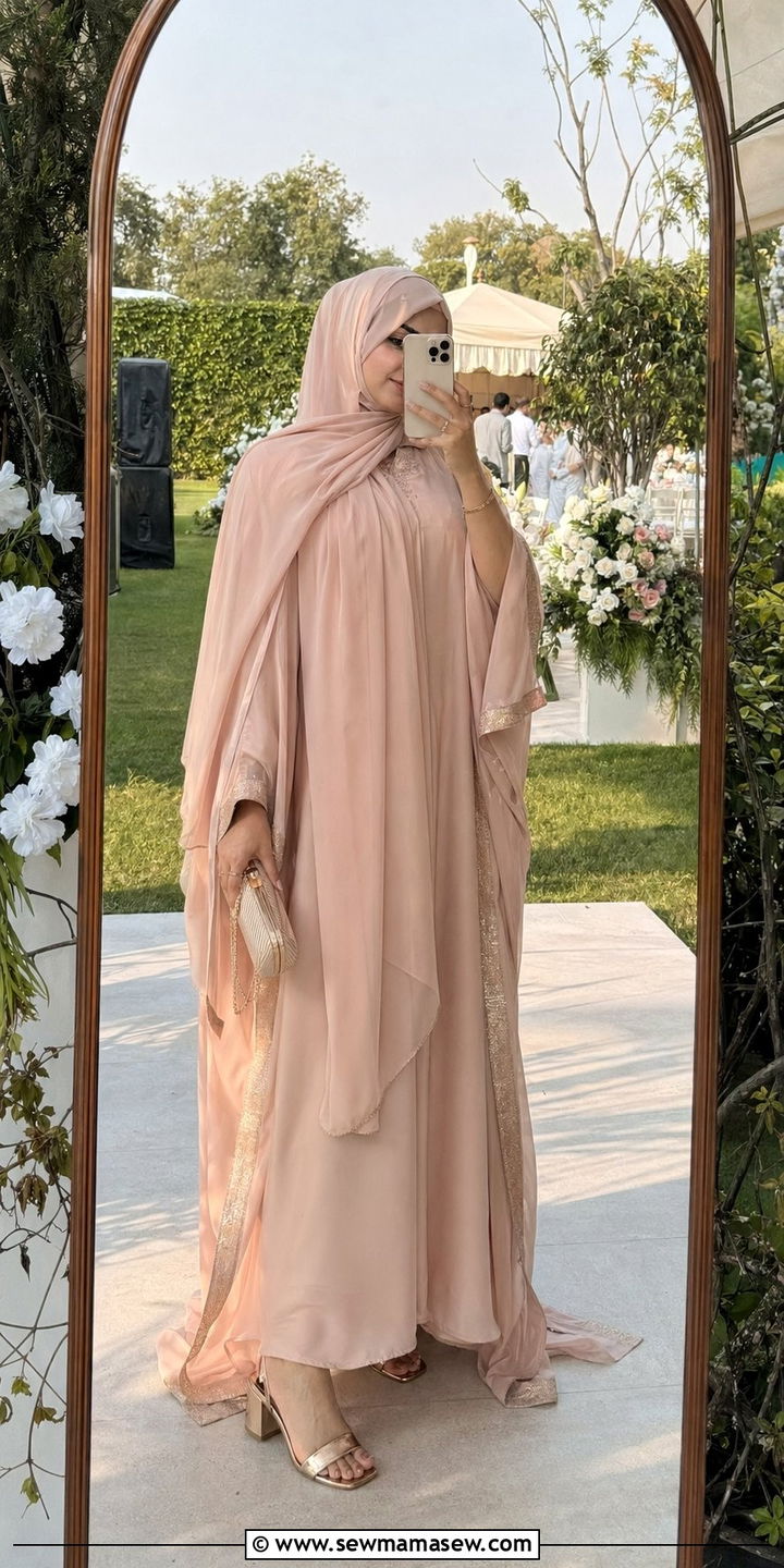 Chiffon Kaftan With Metallic Heels - 30 wedding guest outfits for hijab women