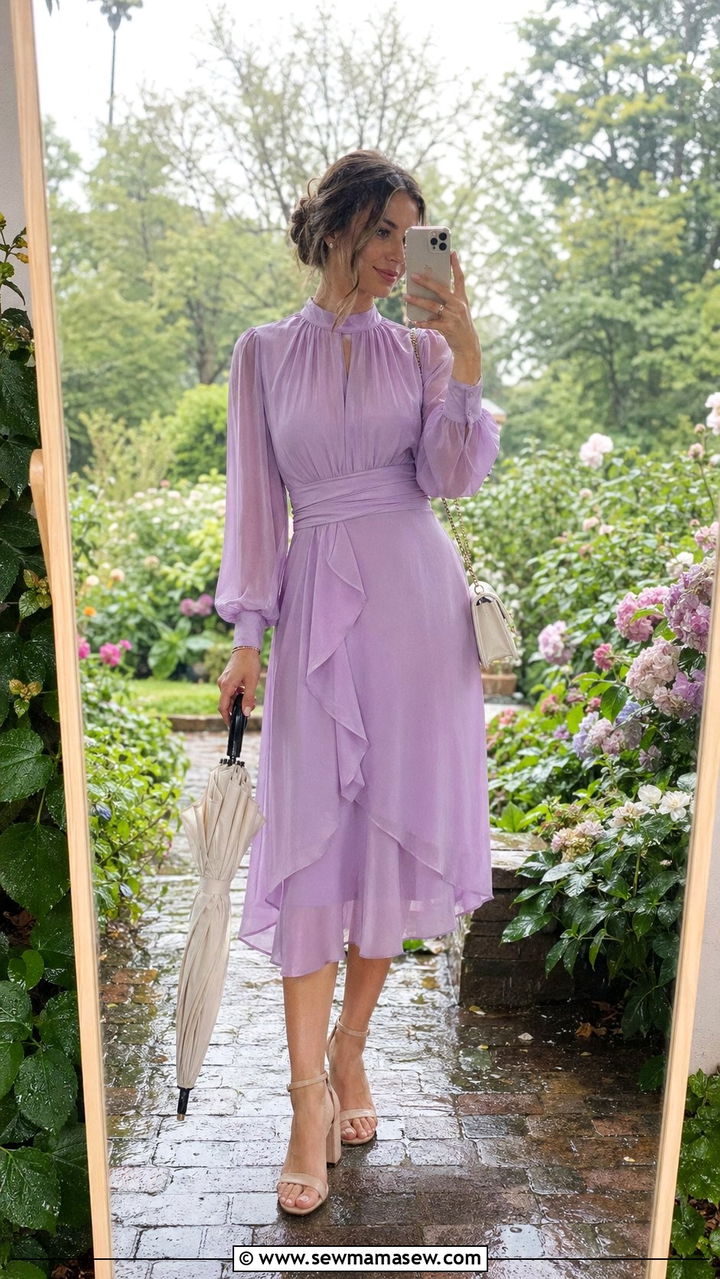 Chiffon Long Sleeve Dress and Heels - 30 Wedding guest outfits for rainy weather
