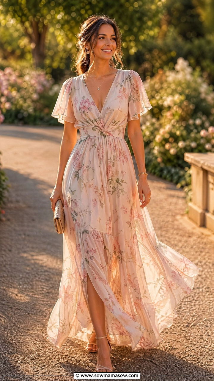 Chiffon Maxi Dress with Delicate Jewelry - 35 summer engagement party outfit ideas