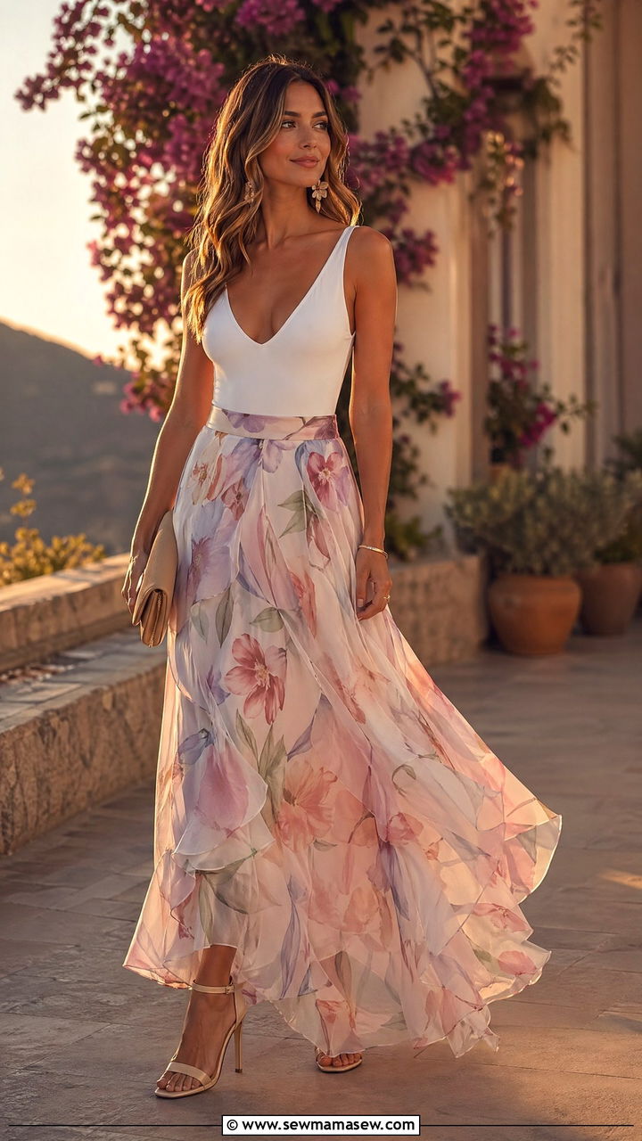 Chiffon Maxi Skirt With Fitted Bodysuit And Heeled Sandals - 35 spring feminine outfit ideas