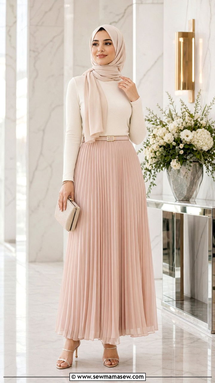 Chiffon Pleated Maxi Skirt With Turtleneck - 35 Modest outfit ideas for wedding guest