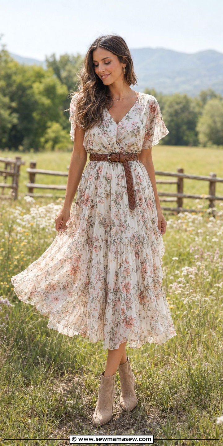 Chiffon Tiered Midi Dress With Western Booties - 30 Western outfit ideas for wedding