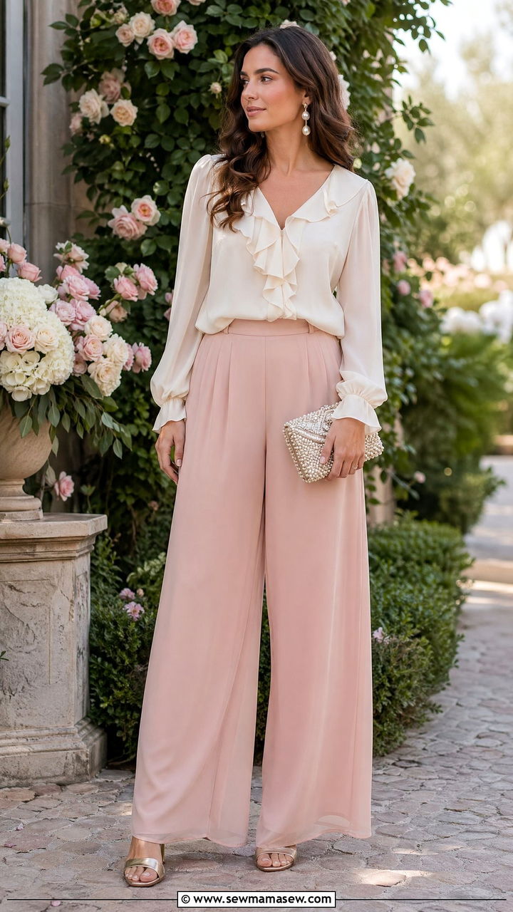 Chiffon Wide Leg Palazzo Pants and Ruffled Blouse - 35 Wedding guest wide leg pants outfit ideas