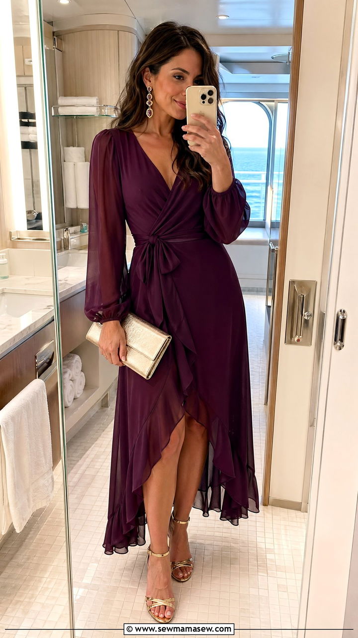 Chiffon Wrap Dress with Strappy Heels - 35 classy cruise outfit ideas