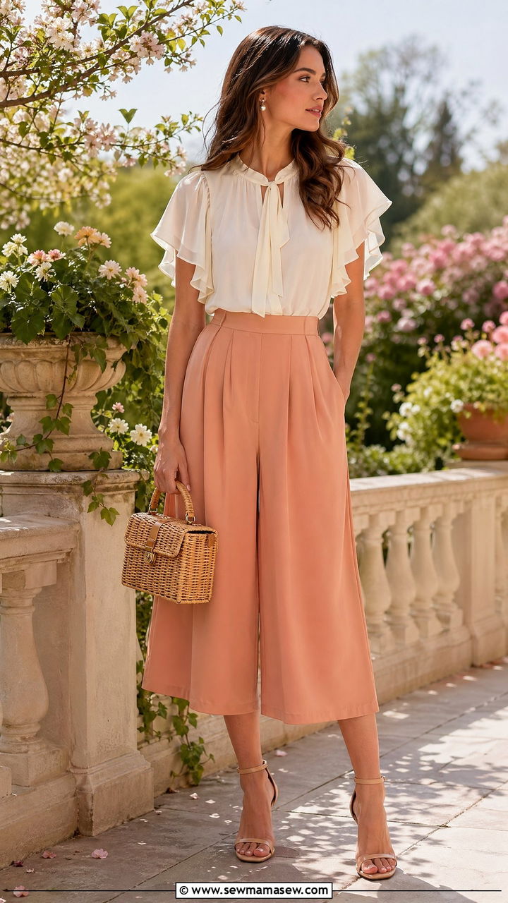 Chiffon blouse with wide leg culottes - 35 spring romantic outfit ideas