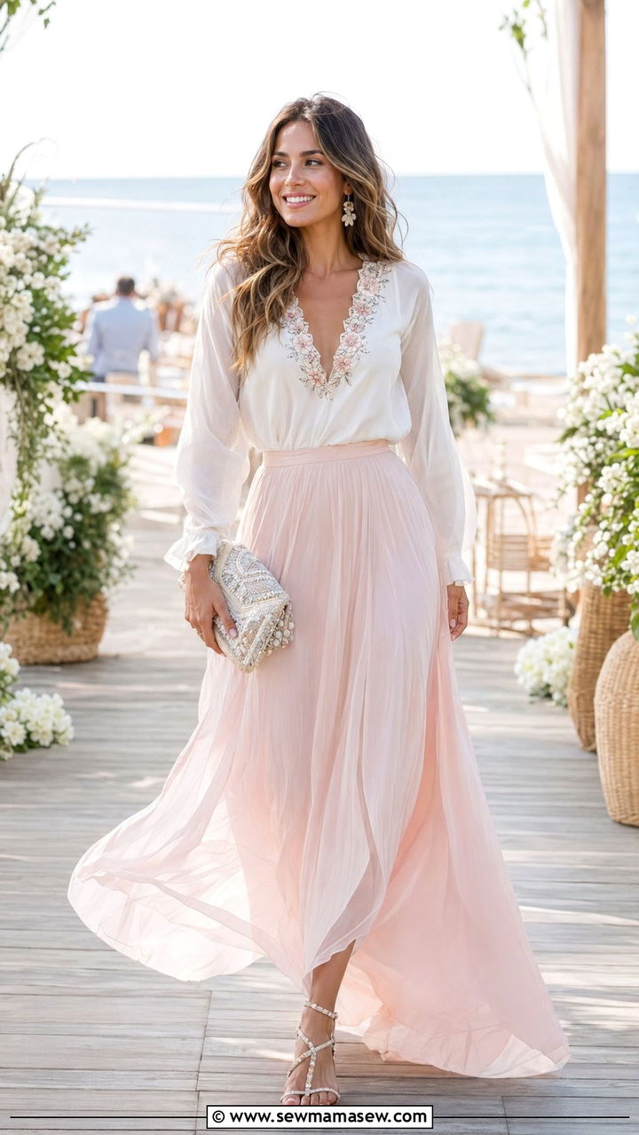 Chiffon maxi skirt with embroidered top - 30 Wedding guest outfits with skirts