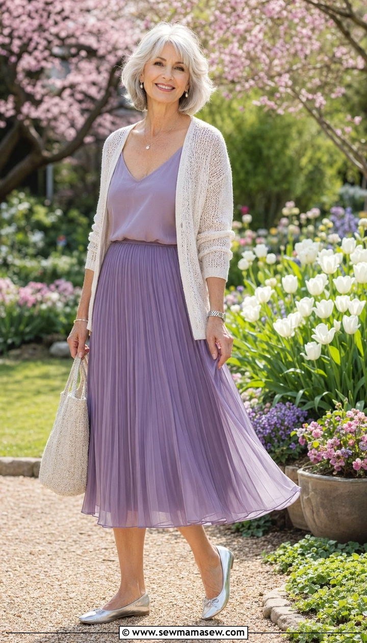 Chiffon pleated skirt with a simple camisole - 30 Best skirts for women over 60