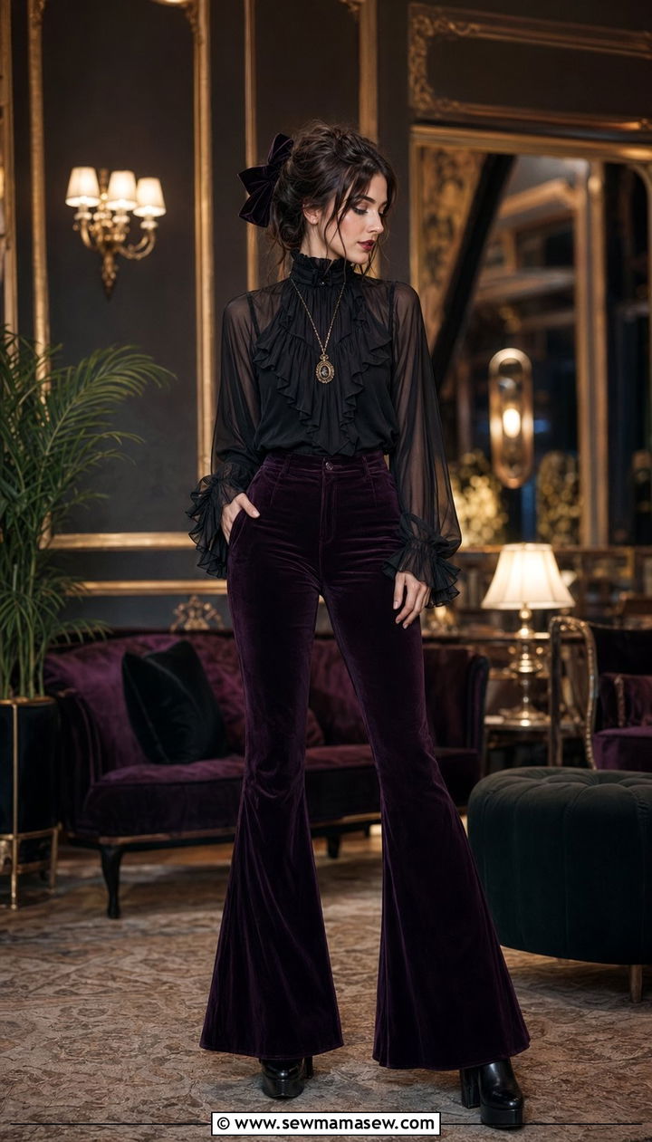 Chiffon ruffle blouse with velvet flare pants - 30 Whimsigoth outfit ideas