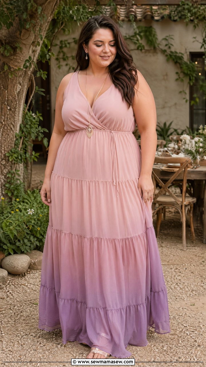 Chiffon tiered maxi dress with metallic sandals - 35 Wedding guest outfits for curvy women