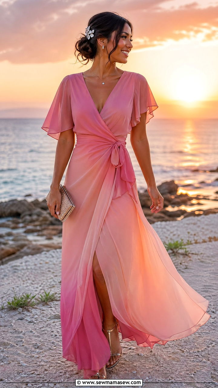 Chiffon wrap maxi dress and flat sandals - 35 summer wedding guest outfit ideas